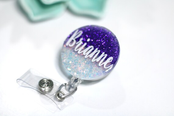 Name Glitter Ombré Badge Reel - Name, Script, Circle, Scallop, initials Monogram Custom Personalized - ID Card Holder- Nurse Badge - Teacher