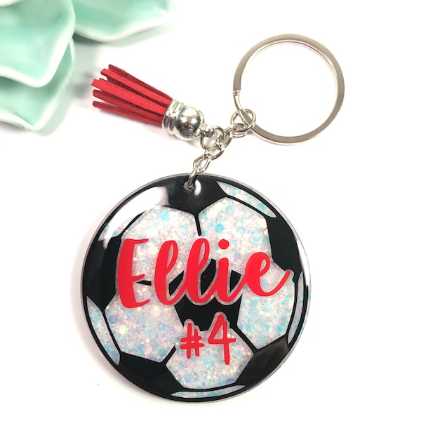 Soccer keychain - glitter - personalized - soccer team gift  - sports key ring - name and jersey number - preppy - key fob