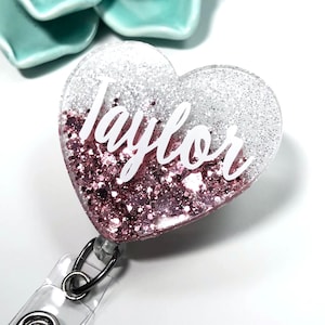 Heart name glitter ombré badge reel - name, script, circle, scallop, initials monogram custom personalized - ID card holder- nurse, teacher