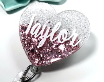 Heart name glitter ombré badge reel - name, script, circle, scallop, initials monogram custom personalized - ID card holder- nurse, teacher