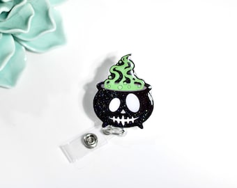 Halloween Cauldron Badge Reel: Glitter Witches Brew Medical ID Holder