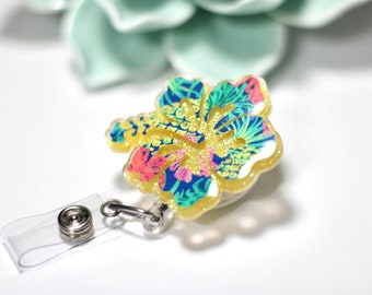 Glitter Hibiscus Flower Badge Reel: Tropical ID Tag holder