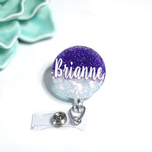 Name glitter ombré badge reel - name, script, circle, scallop, initials monogram custom personalized - ID card holder- nurse badge - teacher