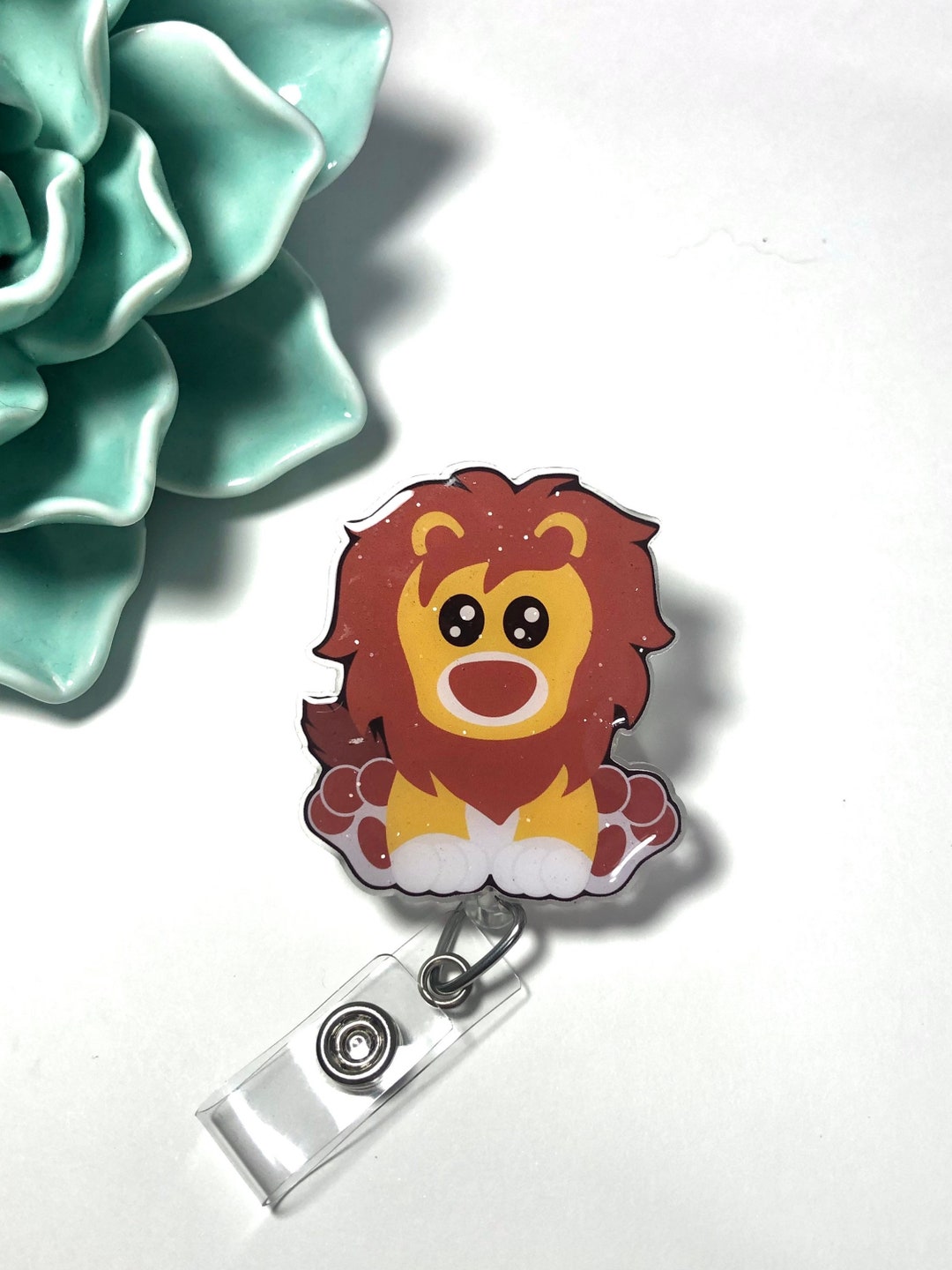 Lion Badge Reel Glitter Badge Holder Medical Id Key Card Holder Pediatrics  Nurses Gift Office Staff Gift Sitting Lion Baby Lion 