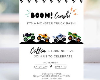 Monster Jam Birthday, Monster Jam Party, Boom Crash, Monster Truck Bash, Printable Invitation