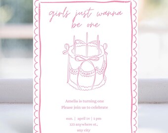 Girls Just Wanna Be One Invite, 1st Birthday Party, Printable Invitation, Coquette Invitation, Bow First Birthday