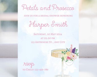 Pearls and Prosecco Invitation, Printable Invitation, Elegant Bridal Shower Invitation, Brunch and Bubbly, Champagne, Petals and Prosecco
