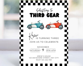 Shifting into 3rd Birthday, Third Birthday Party, Racing Party, Racecar birthday, Printable Invitation, Shifting to third gear
