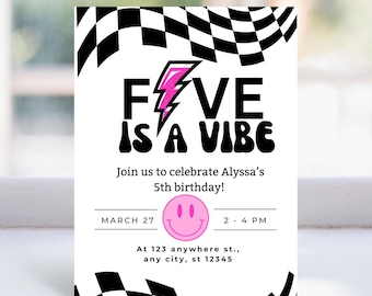 Five is a Vibe Birthday, Printable Invitation 5th Birthday, Retro Rad Groovy Smiley Emoji Editable Canva Instant Download