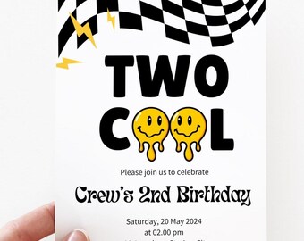 Two Cool Birthday Invitation, Printable Invite, Second Birthday Theme, Retro, Rad, Smiley, Groovy, Emoji, Instant Download