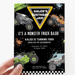 Monster jam invitation with megalodon, el toro loco, grave digger, and max-d. With colorful paint splatters and checkered border.