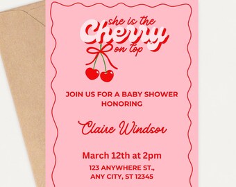 Cherry On Top Birthday Invitation, Cherry Baby Shower, 1st Birthday Party, Printable Invitation, Coquette Invitation