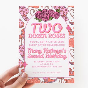 Two Dozen Roses 2nd Birthday Invite, Country Girl Birthday Party, Editable Canva Template, Printable Rose Theme Invitation, Western Birthday