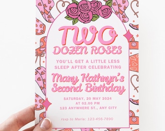 Two Dozen Roses 2nd Birthday Invite, Country Girl Birthday Party, Editable Canva Template, Printable Rose Theme Invitation, Western Birthday