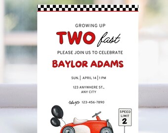 Two Fast Birthday Invitation, 2nd Birthday Party, Racing Party, Racecar birthday, Printable Invitation, Growing Up Two Fast