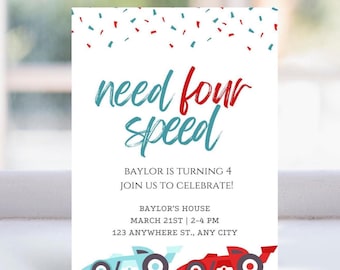 Need Four Speed Birthday Invite, 4th Birthday Party, Racing Party, Racecar birthday, Printable Invitation