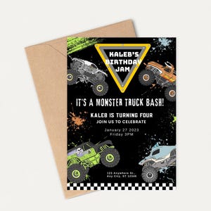 May include: A black and yellow monster truck birthday party invitation with a black background and colorful paint splatters. The invitation says "Kaleb's Birthday Jam" and "It's a Monster Truck Bash!" with the date and time of the party.