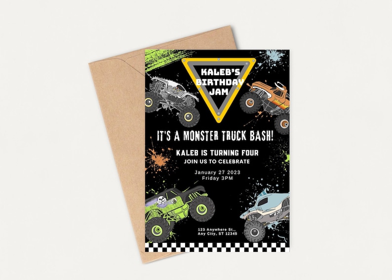 May include: A black and yellow monster truck birthday party invitation with a black background and colorful paint splatters. The invitation says "Kaleb's Birthday Jam" and "It's a Monster Truck Bash!" with the date and time of the party.