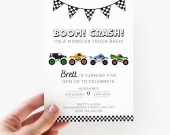Monster Jam Birthday, Monster Jam Party, Boom Crash, Monster Truck Bash, Printable Invitation