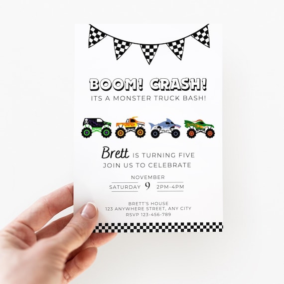 Monster Jam Birthday, Monster Jam Party, Boom Crash, Monster Truck Bash, Printable Invitation