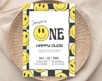 One Happy Dude Invitation, One Cool Dude Birthday, Printable Invite, Retro, First Birthday Party, Emoji