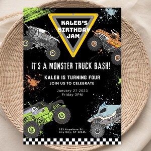 May include: A black and yellow monster truck birthday party invitation with a black background and colorful paint splatters. The invitation says "Kaleb's Birthday Jam" and "It's a Monster Truck Bash!" with the date and time of the party.