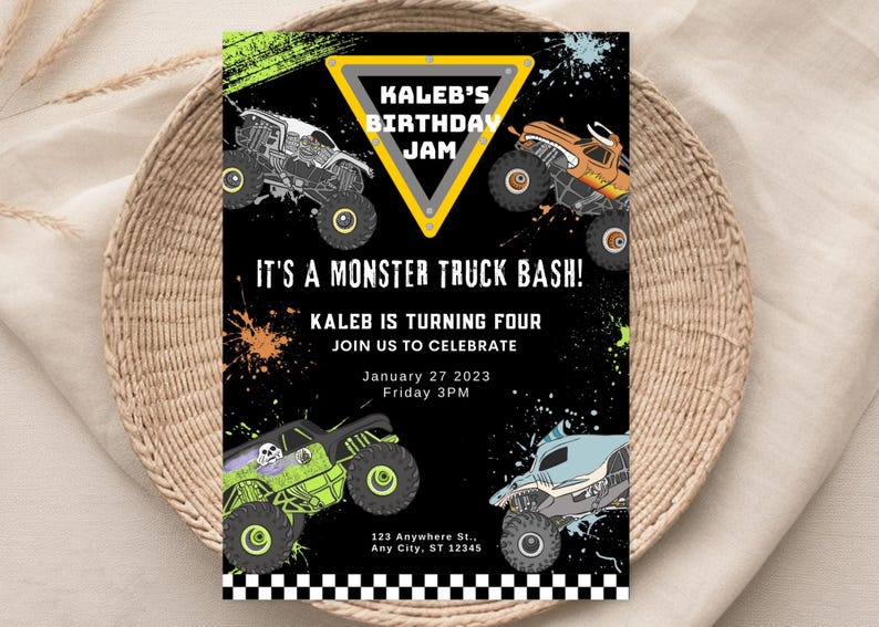 May include: A black and yellow monster truck birthday party invitation with a black background and colorful paint splatters. The invitation says "Kaleb's Birthday Jam" and "It's a Monster Truck Bash!" with the date and time of the party.