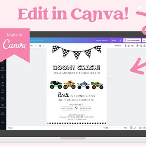 May include: A digital invitation for a monster truck bash, displayed on a laptop screen. The invitation features a black and white checkered flag banner, colorful monster truck illustrations, and event details. Text includes "BOOM! CRASH!" and "Edit in Canva!"