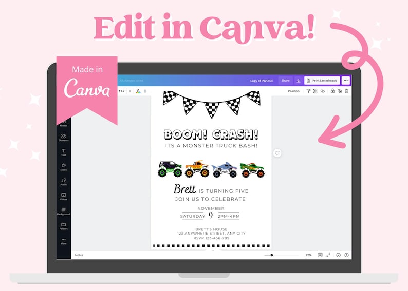 May include: A digital invitation for a monster truck bash, displayed on a laptop screen. The invitation features a black and white checkered flag banner, colorful monster truck illustrations, and event details. Text includes "BOOM! CRASH!" and "Edit in Canva!"