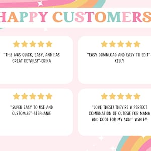 May include: A pastel-colored graphic with the text "HAPPY CUSTOMERS!" and customer reviews. Each review is accompanied by a five-star rating. The reviews highlight ease of use and great details.