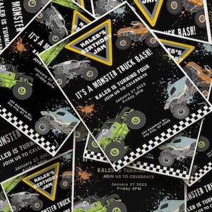 May include: A black and yellow monster truck birthday party invitation with a green, black, and white monster truck graphic. The invitation says "It's a Monster Truck Bash! Kaleb is turning four. Join us to celebrate January 27, 2023 Friday 3PM".