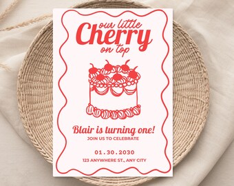 Cherry On Top Birthday Invite, 1st Birthday Party, Baby Shower, Printable Invitation, Coquette Invitation, First Birthday