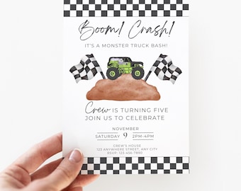 Boom Crash It's a Monster Truck Bash, Monster Jam Birthday Invite, Printable Invitation, Monster Jam Birthday Party, Grave Digger