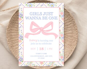 Girls Just Wanna Be One Invite, 1st Birthday Party, Printable Invitation, Grandmillenial 1st Birthday, Bow 1st Birthday
