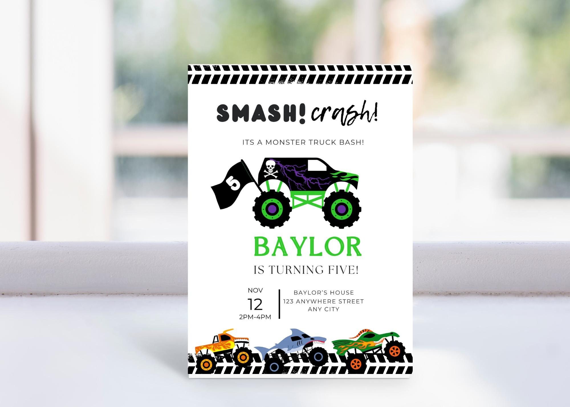 Monster Jam Birthday, Monster Jam Party, Smash Crash, Monster Truck Bash, Printable Invitation
