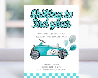 Shifting to 3rd Birthday Invitation | Race Car Party Invite | Editable Canva Template | Boys Third Birthday | Blue Checkered Theme