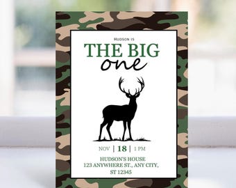 The Big One Birthday Invitation, Deer First Birthday, Camo Deer Party Invite, Editable Template for Boy, Hunting Theme 1st Birthday
