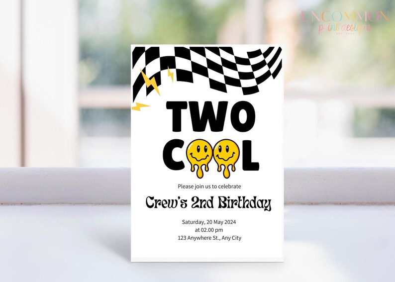 Two Cool Party Yellow Printable Invitation 2nd Birthday Theme Retro Rad ...