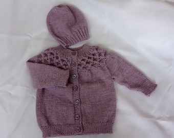 Gorgeous lavender hand-knitted baby cardigan and hat, size from 6 months