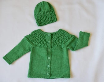 Hand-knitted baby cardigan and hat, size up to 5 months