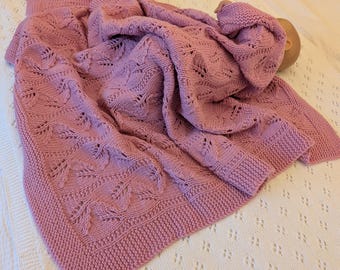 Leaves motif Hand Knitted Baby Blanket from Soft Merino