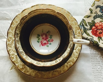 Rare Royal Stafford Teacup and Saucer Black and Gold with FLoral  Rose Center