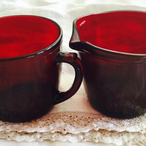 Ruby Red Anchor Hocking Sugar Bowl and Creamer Mid Century