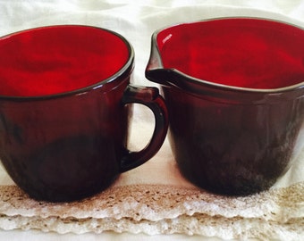 Ruby Red Anchor Hocking Sugar Bowl and Creamer Mid Century
