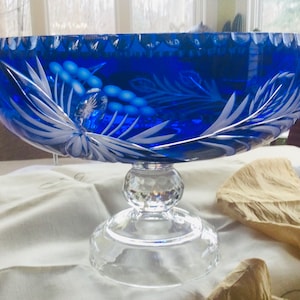Cobalt Blue Vintage Souffle Bouche Taille Main Crystal 24% PBO Cut to Clear Crystal Center Bowl  hand-cut, engraved and decorated French