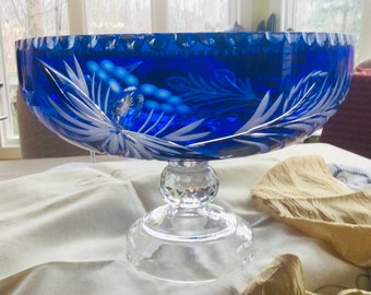 Vintage Cobalt Blue Crystal Center Bowl, French Hand-Cut Pedestal Bowl
