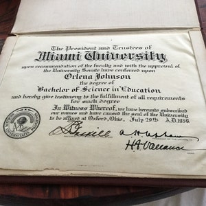 VIntage 1938 Universidad Diploma Licenciado en Ciencias en Educación Universidad de Miami mujer