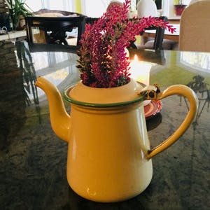 Puede incluir: Una tetera de esmalte amarillo vintage con un borde verde y una tapa con bisagras. La tetera está llena de un ramo de flores rosas.