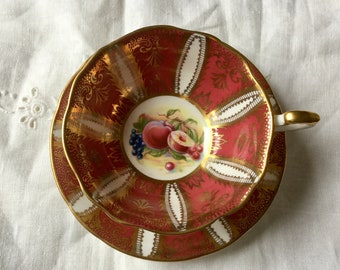 Paragon England Maroon, Gold Leaf and fruit Tea Cup and Saucer