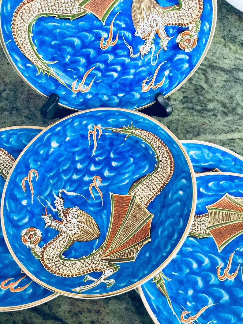 Vintage Dragon Nagoya Plates Set of 5 Hand Painted Japanese Etsy